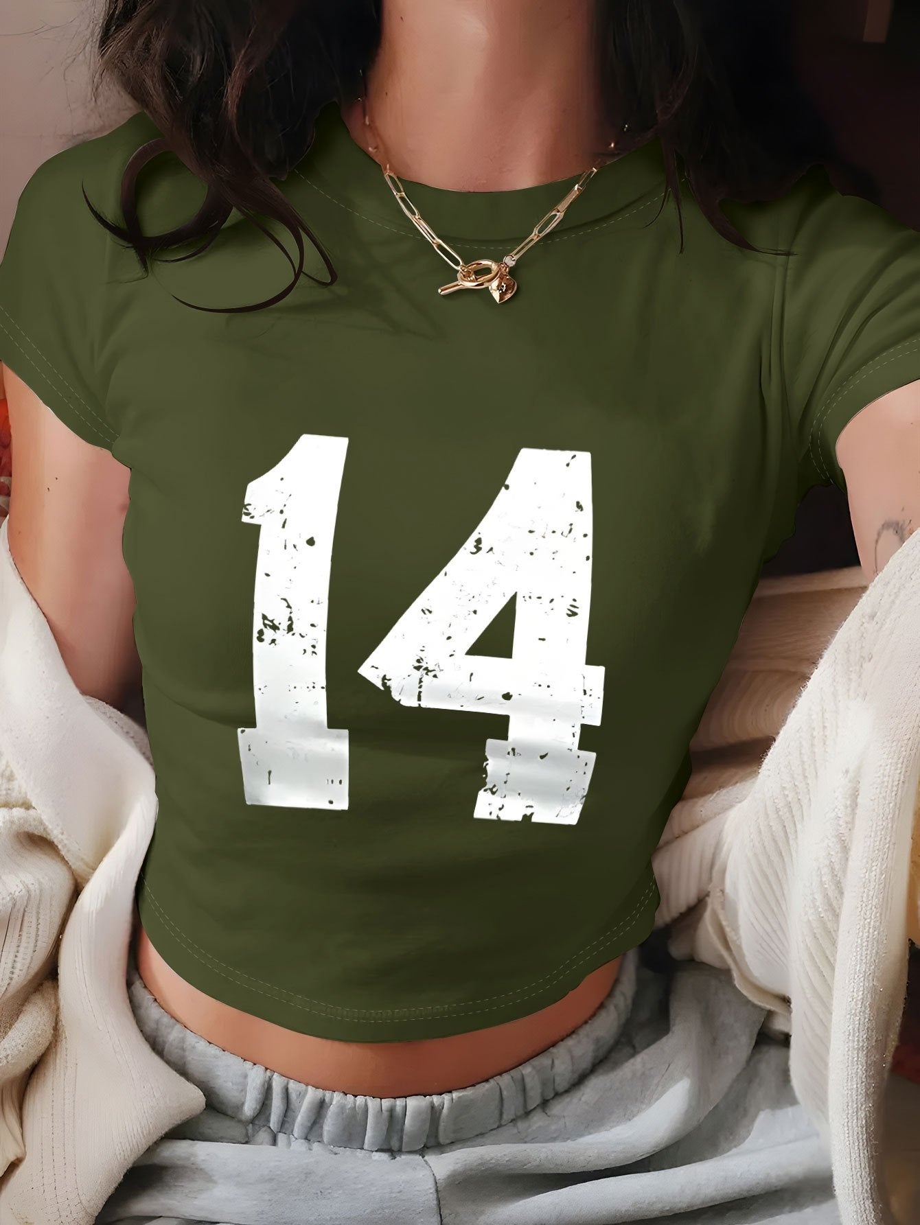 Women's Y2K Geometric Number 14 Print Crop T-Shirt - Soft Casual Top, Light Yellow with White Numerals, Spring Summer Versatile Tee, Distressed Style, Machine Washable Fabric, Comfortable Fit
